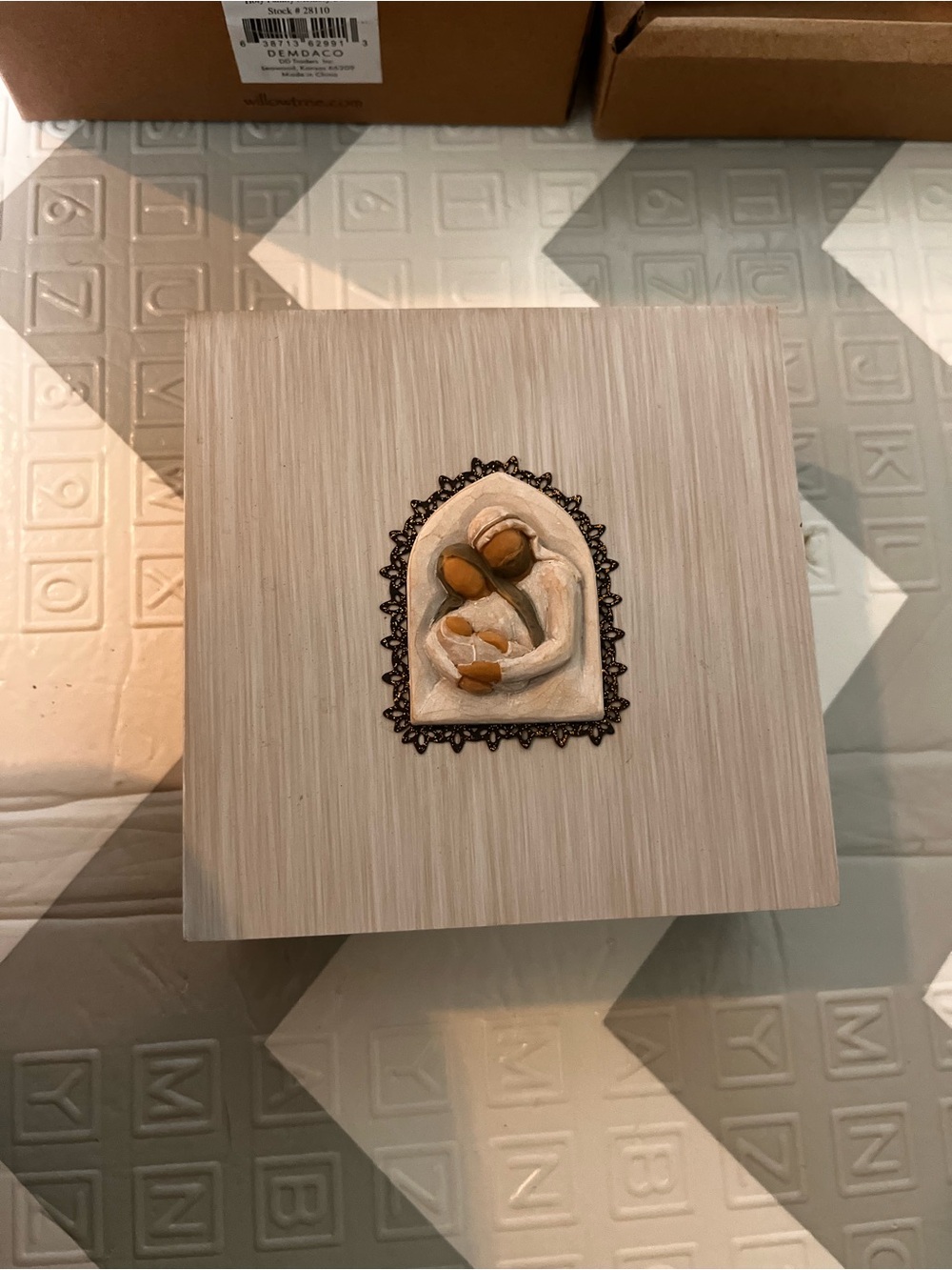 Demdaco Neutral Wood Grain Keepsake Box with Holy Family